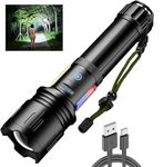 ASORT Rechargeable Flashlight LED Powerful Tactical Flashlights 5000 Lumens COB + Red Blue Flashing Lights Brightest Torch Light 10 Modes, Zoomable, Waterproof, for Camping, Dog Walking, Emergencies