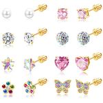 FIBO STEEL 8 Pairs Women 316L Stainless Steel CZ Heart Pearl Flower Butterfly Screw Back Hypoallergenic Stud Earrings, Metal, Cubic Zirconia