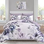 Luxudecor Floral Comforter Set King Size 7 Piece, Purple Flower Bed in a Bag, Elegant Floral Comforter with Sheet Set, Soft Microfiber Bedding Set for All Season (Purple, 104"x90")