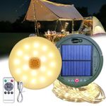 Camping String Lights, 39Ft Long Strip Light, Solar Powered and USB Rechargeable Lantern with Remote Control, 8 Light Modes Portable Organized Lamp for Hiking, Events Decor Outdoor IP44 Waterproof