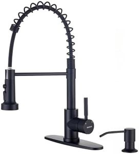 TOYWIA Kitchen Faucets with Pull Down Sprayer and Soap Dispenser, Matte Black Stainless Steel Single Pull Out Spring Sink Faucet, 3 Function Sprayer 1 or 3 Hole Deck Plate for Farmhouse Rv Bar
