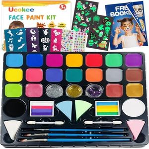 Ucokee Body Painting, 20 Colori Truccabimbi Kit con 2 Split Cake Tavolozza, 22 Tatuaggi Luminosi per Bambini, 1 Guida Alla Pittura, 4 Sponges, Colori Trucco Viso Bambini per Halloween Carnevale Feste