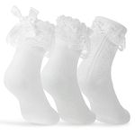 3 Pairs Women's Ruffle Socks Girls Lace Topped Ankle Socks White Frilly Socks with Bowties Cotton Socks Princess Style Dress Socks for Women Ladies