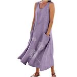 2024 Summer Dresses Women Cotton Linen Tank Dress Pockets Casual Flowy Sleeveless Sundress Maxi Long Vacation Outfit, Purple, XX-Large