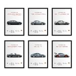 CodersParadise Porsche Wall Poster Frames - Pack Of 6 | 8 x 12cm (A4 Size) | Aesthetic Artwork Framed Posters | Framed Posters For Living Room, Bedroom, Home And Office