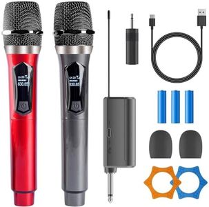 OBLEGY Wireless Microphones, Dual Dynamic Mic System with Rechargeable Receiver(1/4" and 1/8"), Handheld Karaoke Microphone for AMP, PA System, Wedding, Karaoke, Party Singing, Church