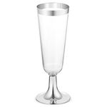 BloominGoods 50-Pack 6-Once Champagne Flutes - Disposable Clear Plastic Cups - Party & Wedding Silver Rimmed Fancy Premium Heavy Duty