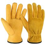 OZERO Cow Leather Work Gloves Stretchable Puncture and Cut Resistant for Industry, Construction, Farm, Garden (Medium)