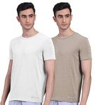 FREECULTR Men's Bamboo Undershirt Anti Microbial Anti Odor Breath tech Super Soft & Comfort Fit Lounge wear and Sleep wear T-Shirt - Size 2XL Pack of 2-Beach Sand,White