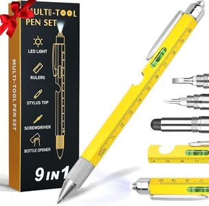 Gifts for Men, 9 in 1 Multitool Pen Set - LED Light, Touchscreen Stylus, Ruler, Level, Bottle Opener, Phillips Screwdriver, Flathead, and Ballpoint Pen - Birthday Gifts for Men, Dad, Husband (Yellow)