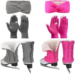 Regilt 2 Sets Leg Warmers Gloves Headband Set for Figure Skating Zipper Fleece Lined Leg Warmers Socks for Ice Skating, Gray&hot Pink-short, Medium
