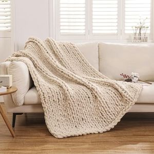 WESHIONGOO Chunky Knit Blanket Throw Knitted Throw Blankets for Couch Bed Fluffy Soft Blanket with Jumbo Chenille Yarn Thick 100% Handmade (Linen, 50"×60")