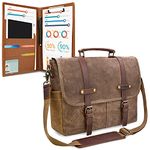 Mens Messenger Bag 15.6 Inch Waterproof Vintage Genuine Leather Waxed Canvas Briefcase Large Satchel Shoulder Bag Rugged Leather Computer Laptop Bag with Leather Portfolio, Brown Coffee