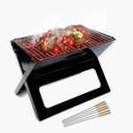 iBELL BQ3050 Foldable Barbeque Grill Set for Home + Skewer Set, Portable Briefcase Style, Free Standing Tandoori Griller For Outdoor Picnic Camping And Traveling (Black)