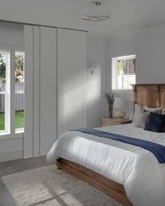 GoDear Design 99.99% Blackout Adjustable Sliding Door Blinds, Privacy Curtain Panels, Extendable Track from 45.8" to 86" W, Trimmable Fabric Panel Up to 96" H, Snowfall Night