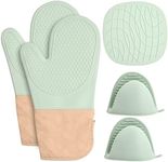 Set of Silicone Oven Gloves Heat Resistant, Pot Holder, Pot Mat, Silicone Oven Mitts Potholder Green Oven Glove Set for Home Kitchen Cooking, Baking, Grilling