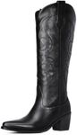 Platikly Cowboy Boots for Women - Embroidered Western Cowgirl Boot, Knee High Wide Calf Tall Boots, Almond Pointed Toe Rubber Chunky Heel Fashion Classic Pull On for Ladies, Black, 8 US