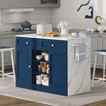 YITAHOME Kitchen Island Set with 2 Bar Stools, Large Kitchen Island with Storage and Seating, Island Table for Kitchen with Power Outlet, Spice/Towel Rack, Marble Patterned Tabletop, Navy Blue