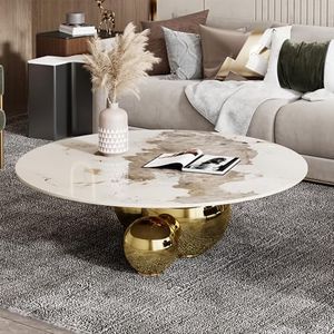 Modern Round Marble Coffee Table, 39.4 inch Marble-Look Top with Gold Ball Base, Center Table for Living Room, Office, Reception Room (White)