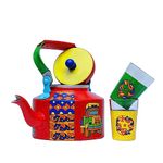 A Krazy Mug Hand Painted Colourful Décorative Design Desi Tea Chai Aluminium Kettle with Matching Print Glass Set (1.25 L)