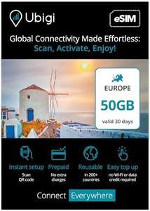 Travel Data Plan Europe- Prepaid International eSIM Card 50 GB Internet Data in 5G/4G/LTE (Data tethering Allowed) for Unlocked iPhone and Android No Extra Charge or Roaming fees. Easy to use.