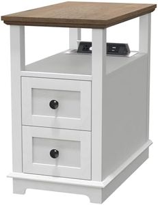 HIFYOBRO Narrow End Table with Flip Top Charging Station and 2 Drawers, Type-C & USB Port & Power outlets, Wooden Storage Cabinet, Side Table with Storage for Living Room and Bedroom (White)