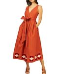 SMERA MART Pure Cotton Summer Western Midi Dress for Women (M) Rust