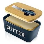 Large Butter Dish with Lid and Knife, Porcelain Butter Container with Double Silicone Seals Cover, Ceramic Butter Keeper for Countertop, Perfect for East West Coast Butter, 650ml (Dark Blue)