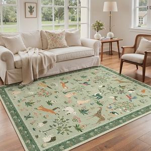 BESBLEE 10x14 Area Rug, Animal Print Machine Washable Floral Low Pile Carpet, Non-Slip Non-Shedding Pet Friendly Rug for Living Room Playroom Nursery Bedroom Entryway, Green