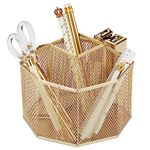 Annova Mesh Desk Organizer Rotate with 5 Compartments Spinning Tidy Candy/Pen Holder Office, Art Supply, Storage, Classroom, Home (Gold)