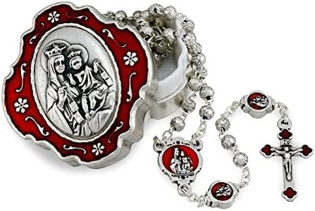 Catholic Rosary Beads with Metal Keepsake Gift Box Set (Lady of Mount Carmel Red)