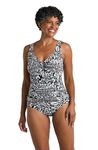 Maxine Of Hollywood Women's V-Neck Twist Front Shirred One Piece Swimsuit, Black//Tahitian Tribe Floral, 24