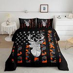 American Flag Camo Deer Comforter Set Teen Boys Grey Black Orange Camouflage Bedding Sets Twin,Hunting Woodland Animal Bedding Comforters For Adults Men,Western Rustic Farmhouse Quilt Duvet 2 Pcs