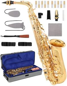 AKLOT Handcrafted E-Flat Alto Saxophone: Gold Brass Body with Clear, Balanced Tone, Secure Air Seal, Durable 23-Key System, Includes Stylish Case, Saxophone Cleaning Kit, Reeds & Gloves (BL-SF)