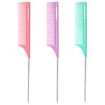 Goodofferplace 3 PCS Rat Tail Combs Parting Rattail Combs Teasing Fine Tooth Comb with Metal Pick for Curly Hair,Detangling Combs for Women,Parting Combs for Braiding,Styling Hair(Pink Purple Green)