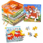 SANNIX 12 Pack Wooden Jigsaw Puzzles for Toddlers 2 3 4 5 Years Old, Party Favors Animals Jigsaw for Kids, Transportation Educational Puzzles Travel Toy with 12 Organize Bags