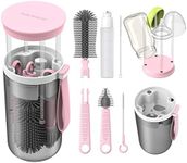 Baby Essential Travel Bottle Cleaner Kit with Silicone Bottle Brush，Built-in Snap-on Drying Rack，Silicone Nipple-Shaped Brush，2 Straw Brushes，Bottle Soap Dispenser，Bottle Warmer Bowl.（Pink）