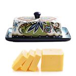 Ceramic Butter Dish with Lid Bohemia Hand Drawn Butter Plate Tray with Cover for Cheese Vintage Cheese Container Holder European-Style Butter Keeper for Home Kitchen 7.9 x 4.5 x 3.1 Inches (1)