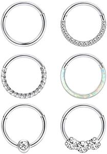 Kakonia 6Pcs Septum Rings 16G 18G Surgical Steel Nose Rings Hoop for Women Cartilage Hoop Earring Clicker Septum Jewelry CZ Opal Hinged Nose Ring Lip Helix Daith Rook Tragus Nose Piercing Jewelry