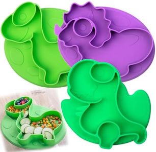Dinosaur Silicone Compartment Plates- 3 PK T-Rex - Large Divided Sections for Easy Grabbing Baby Food Training, Non-Slip Unbreakable Material, Flexible Shapes for Toddlers, Kids - BPA Free, Food Safe