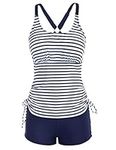 Women's Athletic Two Piece Tummy Control Swimwear Backless Drawstring Swimsuit with Boyshort Bathing Suit Stripe Navy M