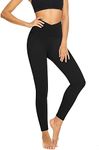 V Cross Waist Leggings for Women-Tummy Control Soft Workout Running High Waisted Non See Through Black Yoga Pants