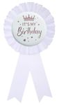 It's My Birthday Ribbon,Satin Fabric Birthday Women or Men Tinplate Badge Pin,Happy Birthday Queen King Party Button Pins,Girls and Boy Brooches(Black), White Ribbon, no gemstone