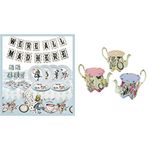 Alice in Wonderland Party Decorations & Tableware for 16 Guests | Mad Hatter Double Sided Bunting ,Paper Plates, Napkins, Cups, Table Cover & Truly Alice Teapot Cupcake Stands Pack of 6, Set of 6