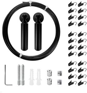 Yuqim Wall Mount Curtain Wire Rod Kit Stainless Steel Picture Hanging Wire with 24 Hanging Clips Clothesline Wire Multi-Purpose Curtain Rod Set(Black)