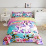 Cartoon Unicorn Kids Comforter Set Full Size,Roses Flowers Butterfly Princess Bedding Set,Girls Women Room Decor,Rainbow Unicorn Cute Down Comforter,Pink Blue Romantic Duvet Insert,2 Pillowcases