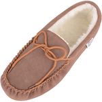 SNUGRUGS Mens Light Suede Moccasin Slippers with Wool Lining and Hard Sole, Brown, 9 UK