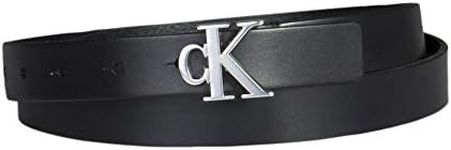 Calvin Klein Women's CK Jeans Monogram Plaque Buckle Casual Leather Skinny Belt for Jeans, Trousers and Dresses, Black Logo Plaque