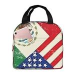 Mexican American Flag Unisex Thickened Insulated Lunch Bag with Front Pocket for Work Travel Hiking Picnic