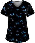 Plus Size Scrubs for Women Stretch V Neck Short Sleeve Nursing Shirt Cute Animal Print Scrub Tops Women Summer Holiday Butterfly Nurse Shirts Medical Uniform with Pockets 02a-Black M